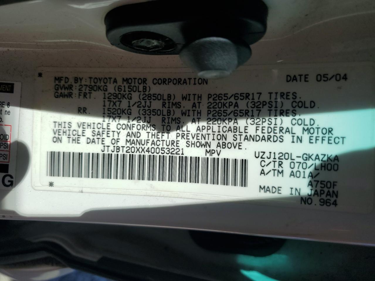 2004 Lexus Gx 470 VIN: JTJBT20XX40053221 Lot: 85672805