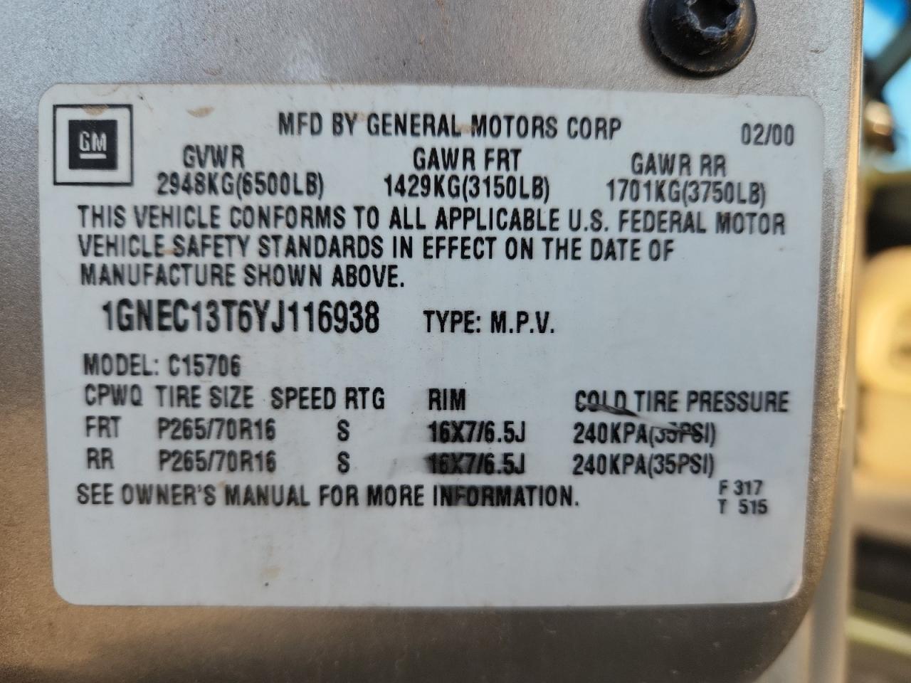 2000 Chevrolet Tahoe C1500 VIN: 1GNEC13T6YJ116938 Lot: 89512665