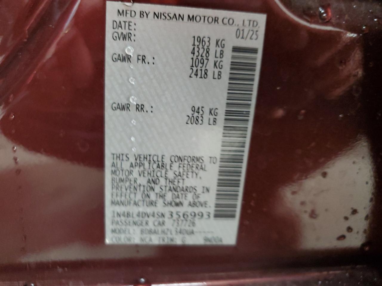 2025 Nissan Altima Sv VIN: 1N4BL4DV4SN356993 Lot: 86163805