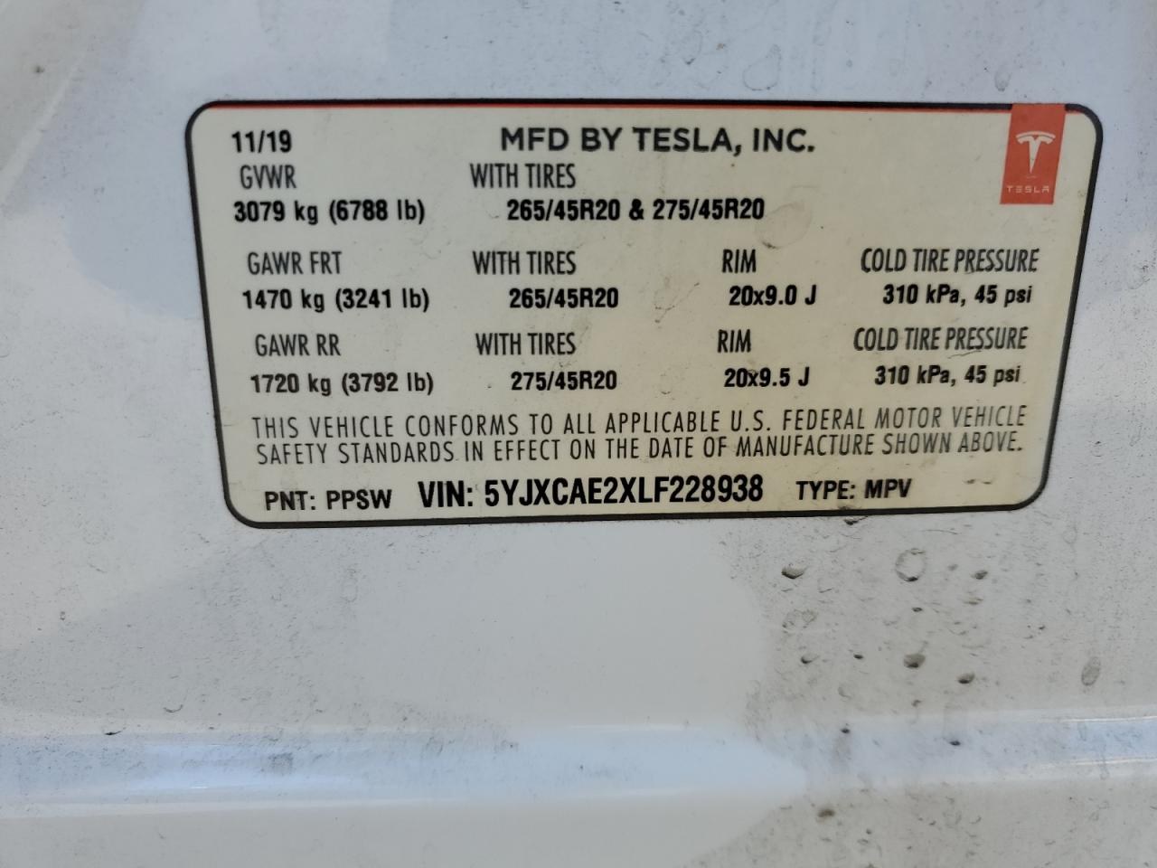 2020 Tesla Model X VIN: 5YJXCAE2XLF228938 Lot: 82576125