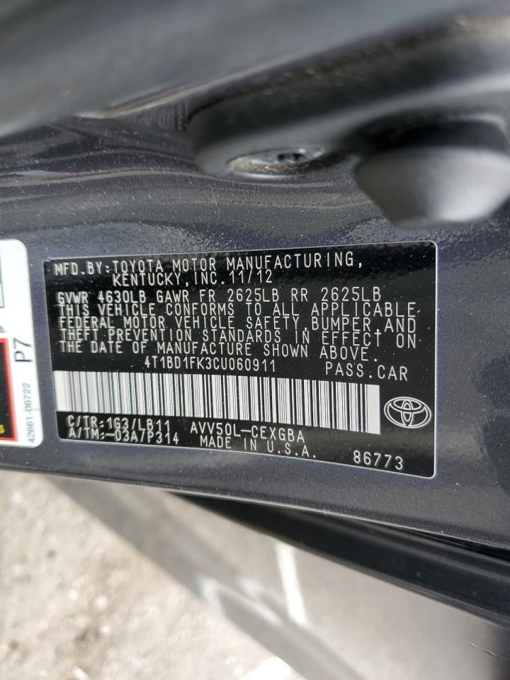 2012 Toyota Camry Hybrid VIN: 4T1BD1FK3CU060911 Lot: 86529015