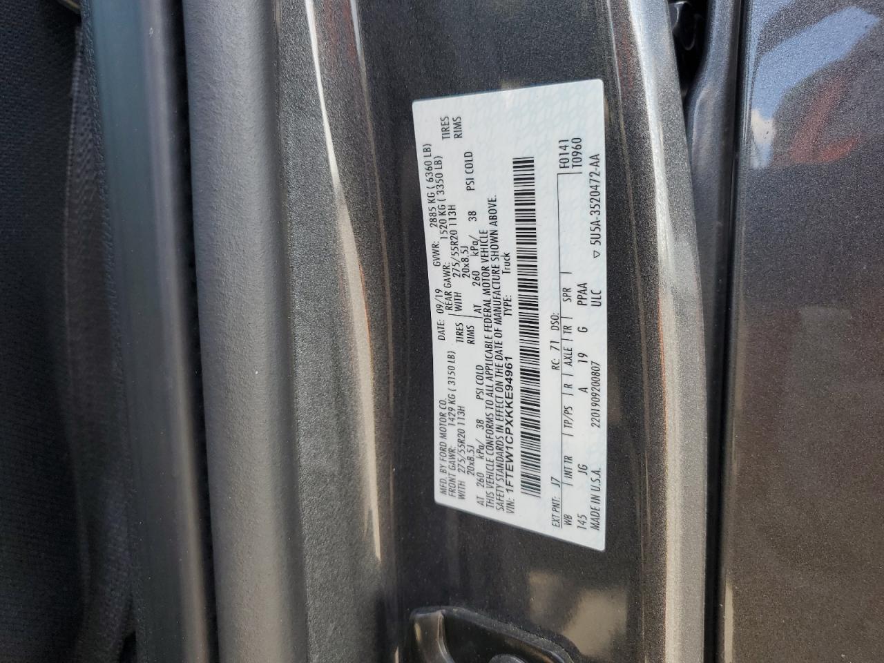 2019 Ford F150 Supercrew VIN: 1FTEW1CPXKKE94961 Lot: 84294015