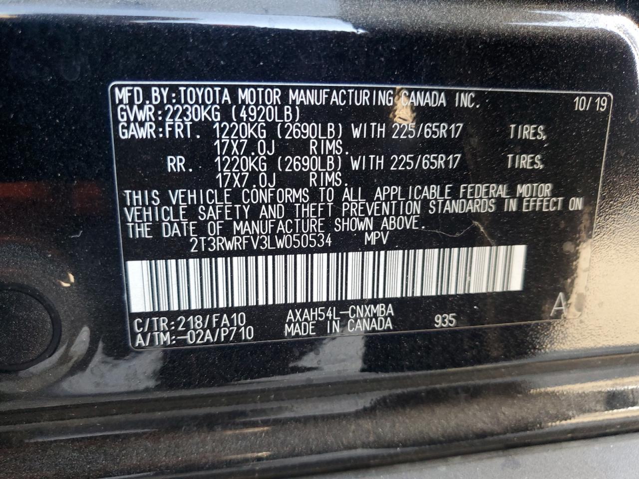 2020 Toyota Rav4 Xle VIN: 2T3RWRFV3LW050534 Lot: 84788395