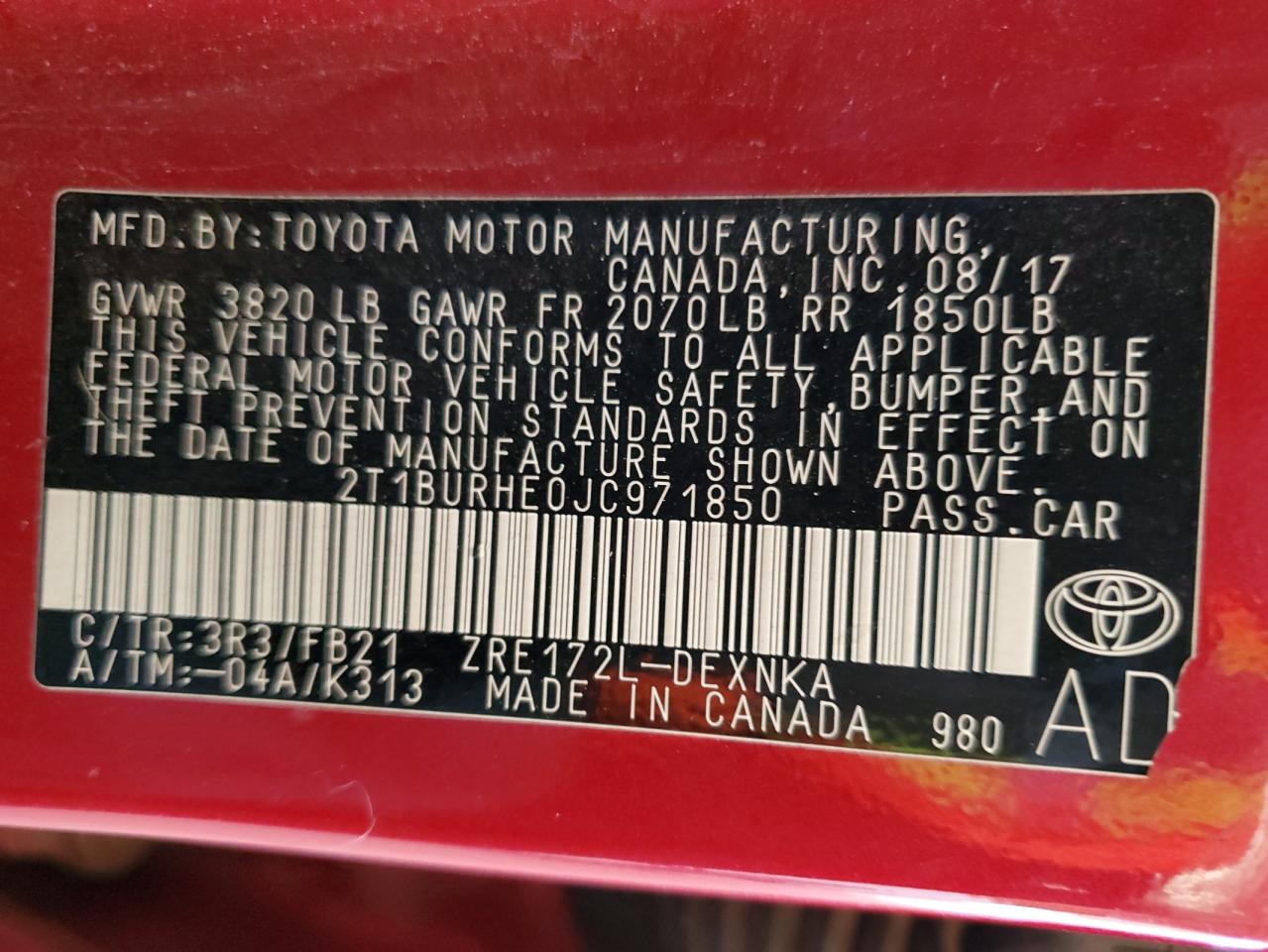 2018 Toyota Corolla L VIN: 2T1BURHE0JC971850 Lot: 84623575