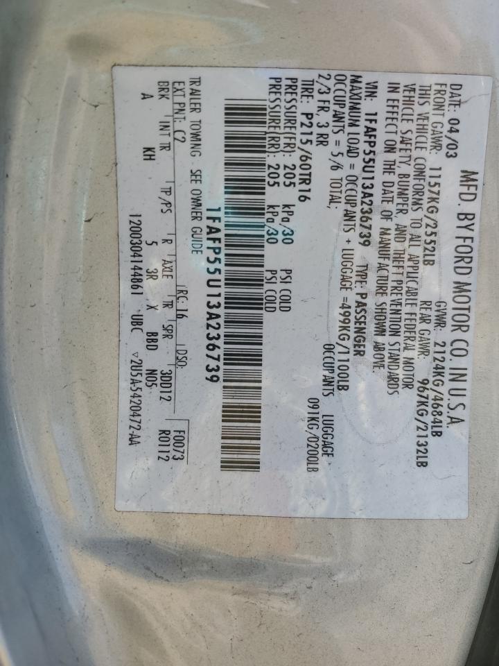 2003 Ford Taurus Ses VIN: 1FAFP55U13A236739 Lot: 89817035