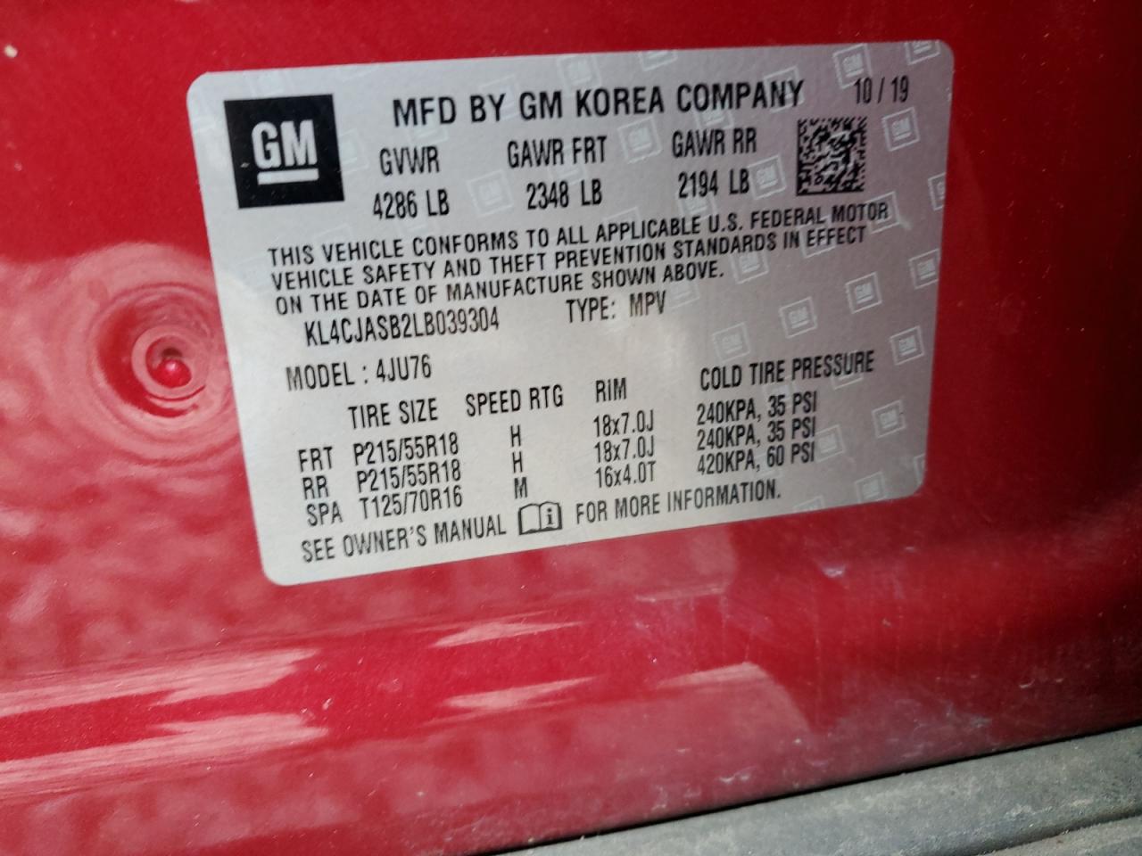 2020 Buick Encore Preferred VIN: KL4CJASB2LB039304 Lot: 82265865