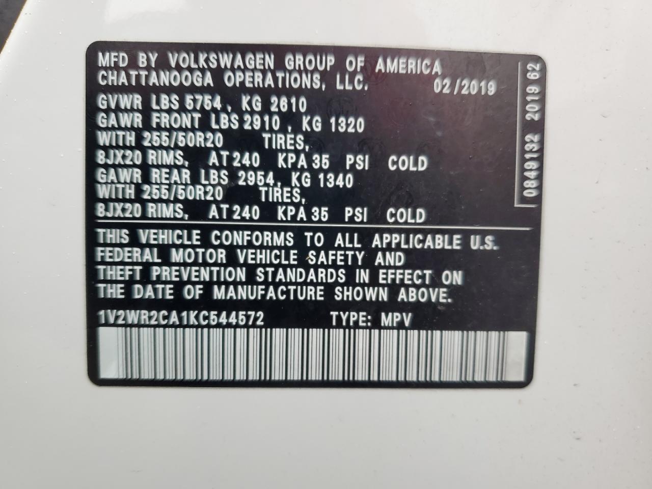 2019 Volkswagen Atlas Se VIN: 1V2WR2CA1KC544572 Lot: 84641815