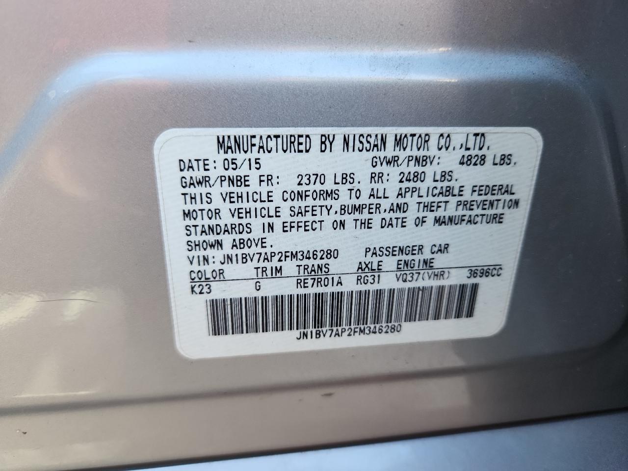 2015 Infiniti Q50 Base VIN: JN1BV7AP2FM346280 Lot: 89804365