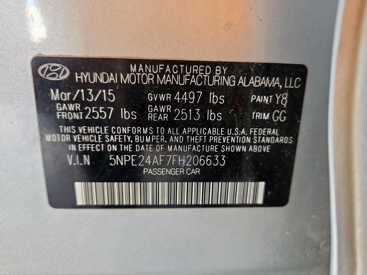 2015 Hyundai Sonata Se VIN: 5NPE24AF7FH206633 Lot: 86319035