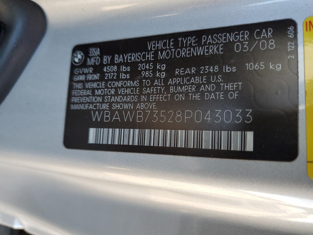 2008 BMW 335 I VIN: WBAWB73528P043033 Lot: 82561125