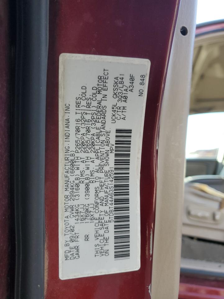 2003 Toyota Sequoia Sr5 VIN: 5TDBT44A63S142591 Lot: 84981035