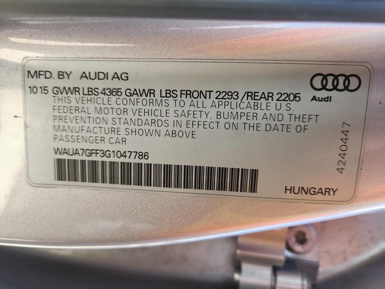 2016 Audi A3 Premium VIN: WAUA7GFF3G1047786 Lot: 86062715