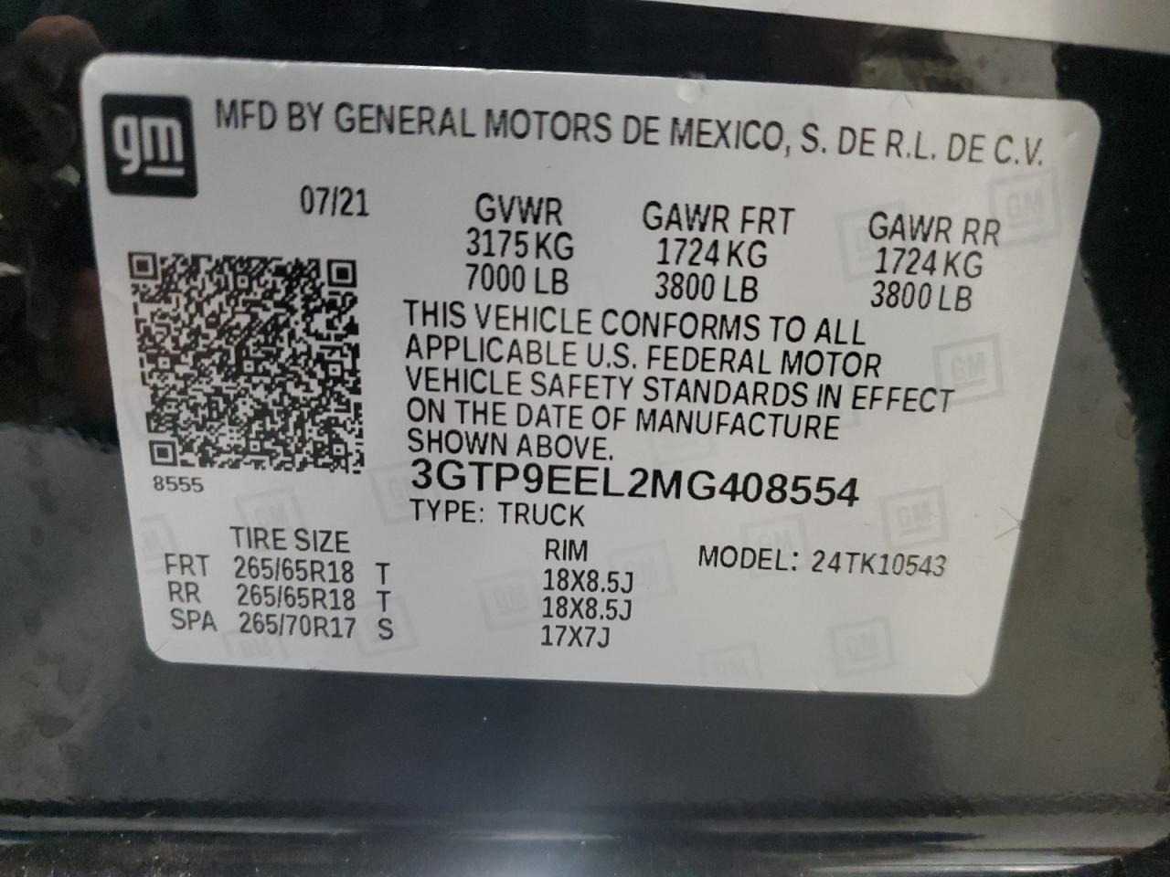 2021 GMC Sierra K1500 At4 VIN: 3GTP9EEL2MG408554 Lot: 90344835