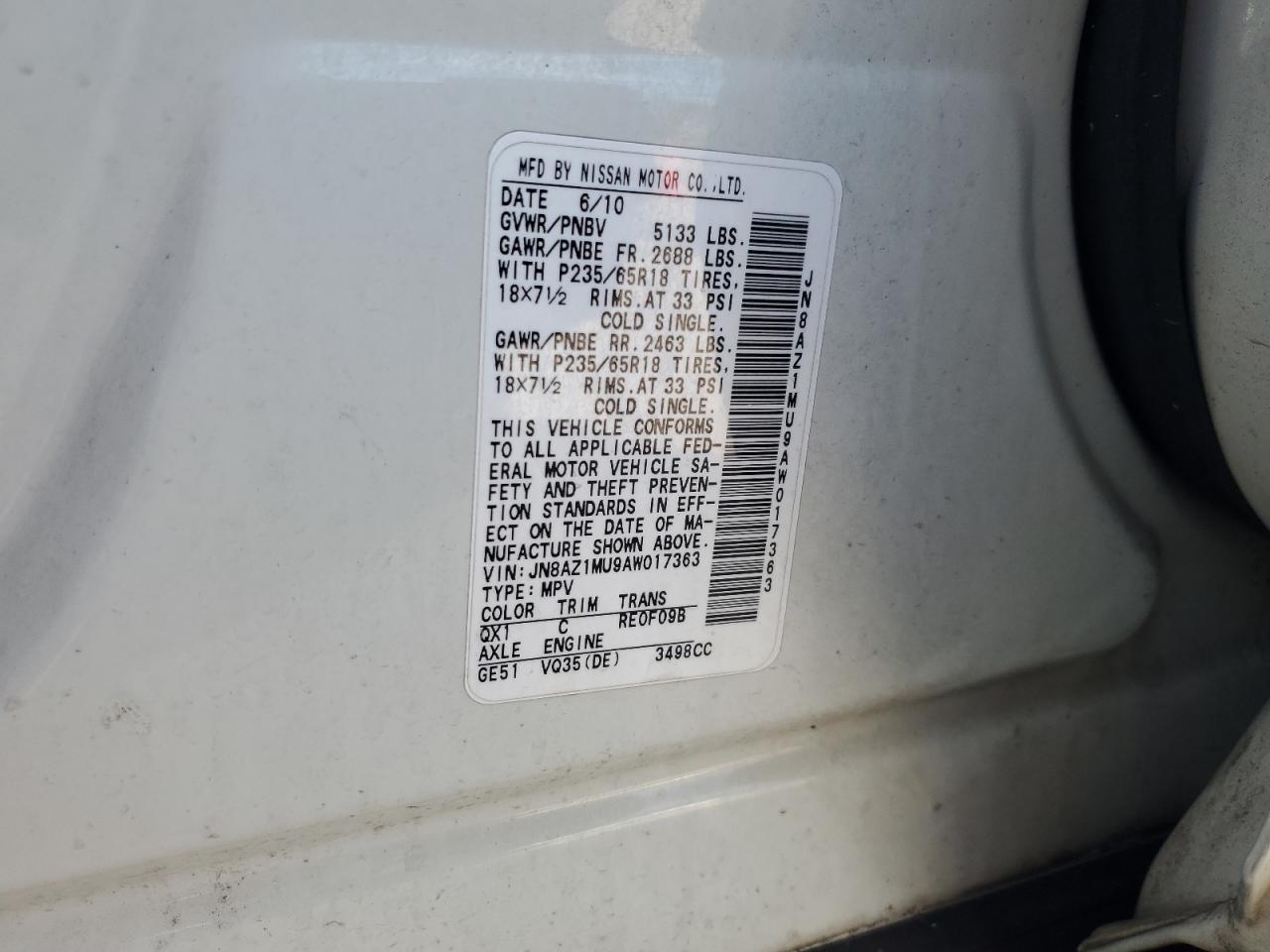 2010 Nissan Murano S VIN: JN8AZ1MU9AW017363 Lot: 81315595