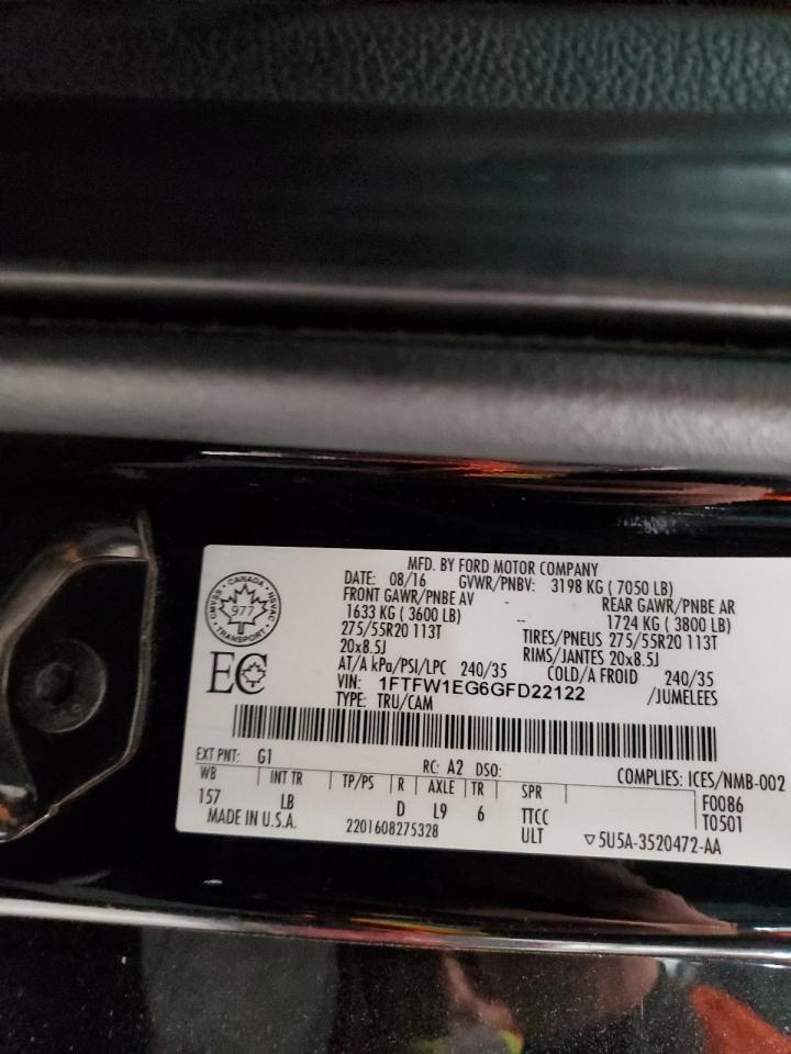 2016 Ford F150 Supercrew VIN: 1FTFW1EG6GFD22122 Lot: 81368745