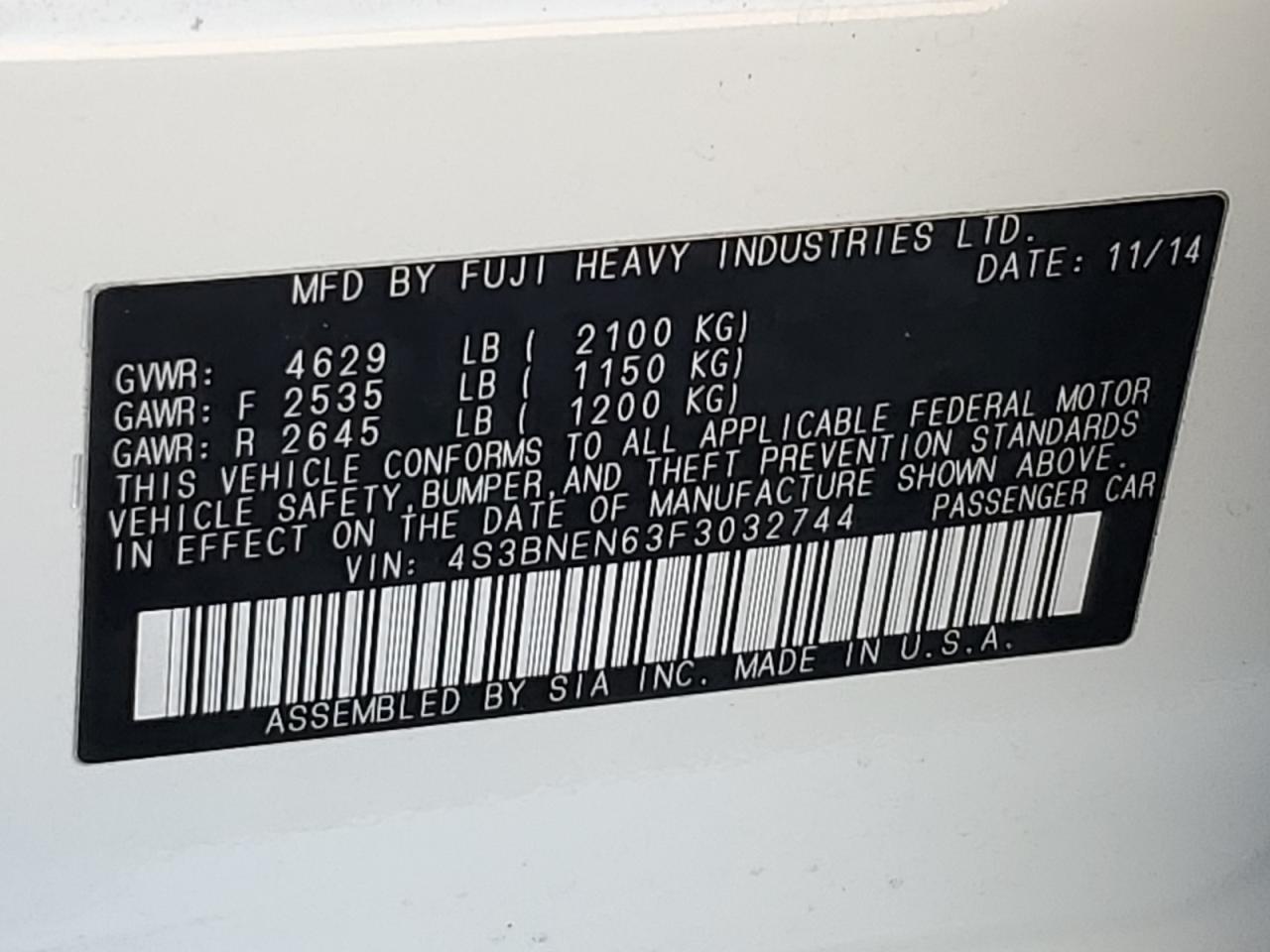 2015 Subaru Legacy 3.6R Limited VIN: 4S3BNEN63F3032744 Lot: 89858155