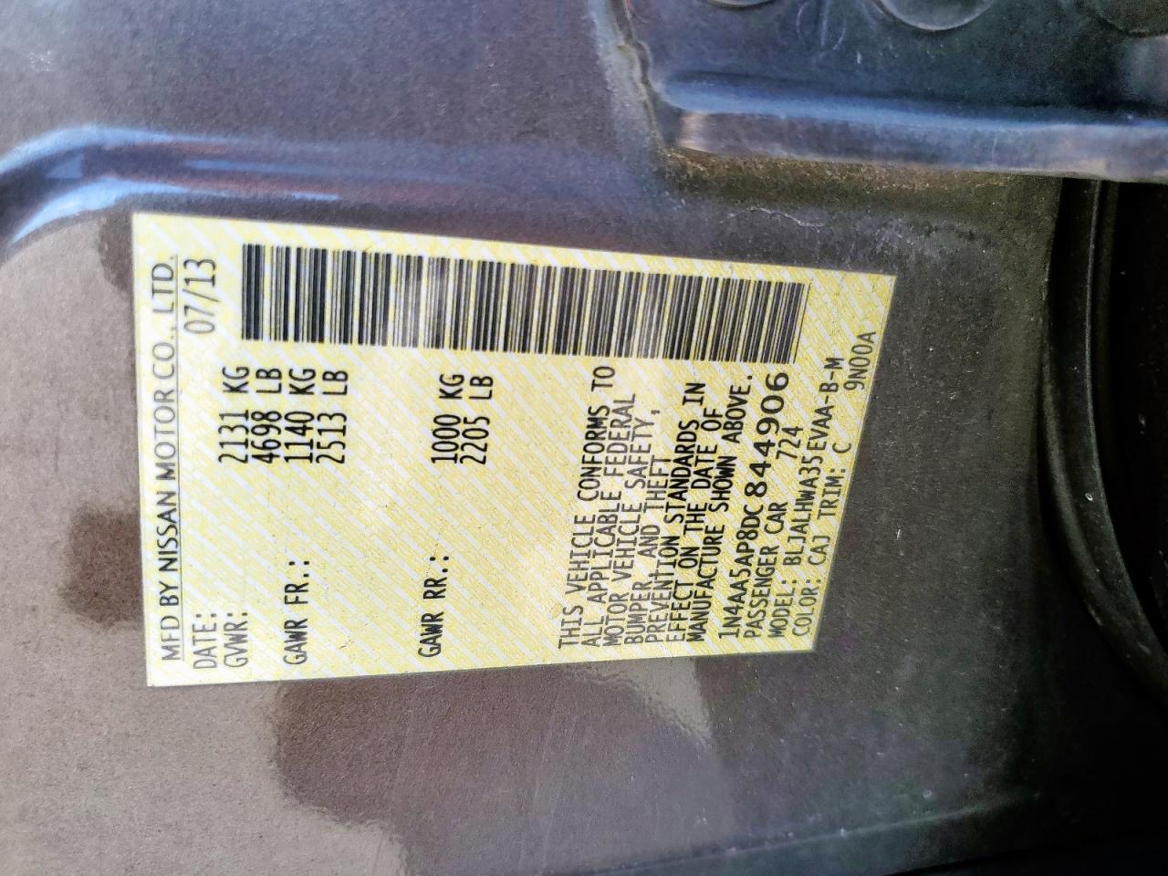 2013 Nissan Maxima S VIN: 1N4AA5AP8DC844906 Lot: 82491755