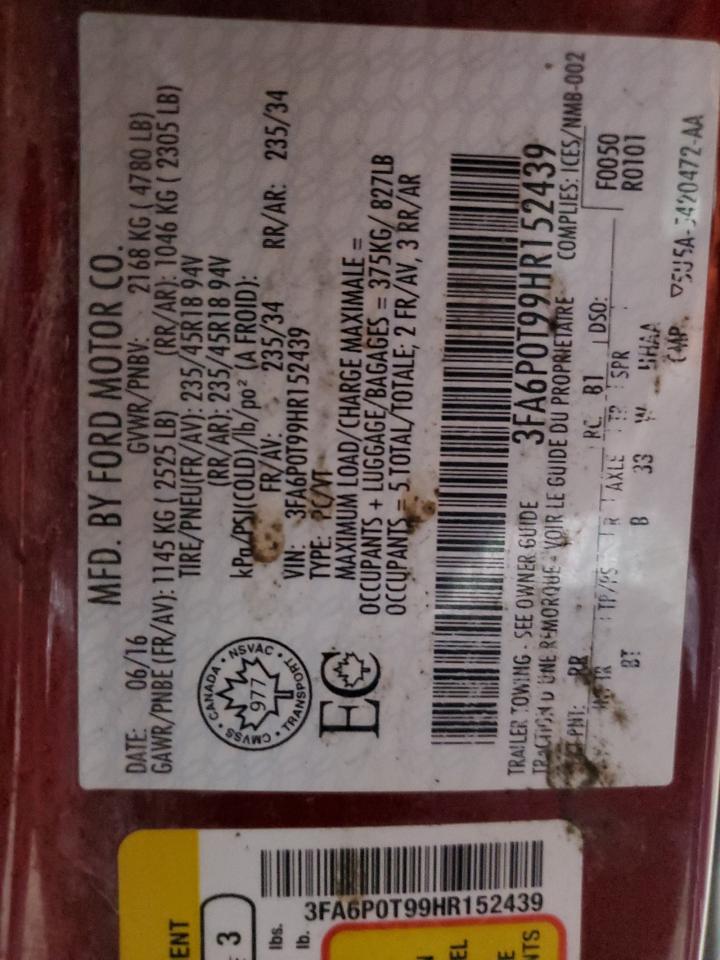 2017 Ford Fusion Se VIN: 3FA6P0T99HR152439 Lot: 86165305