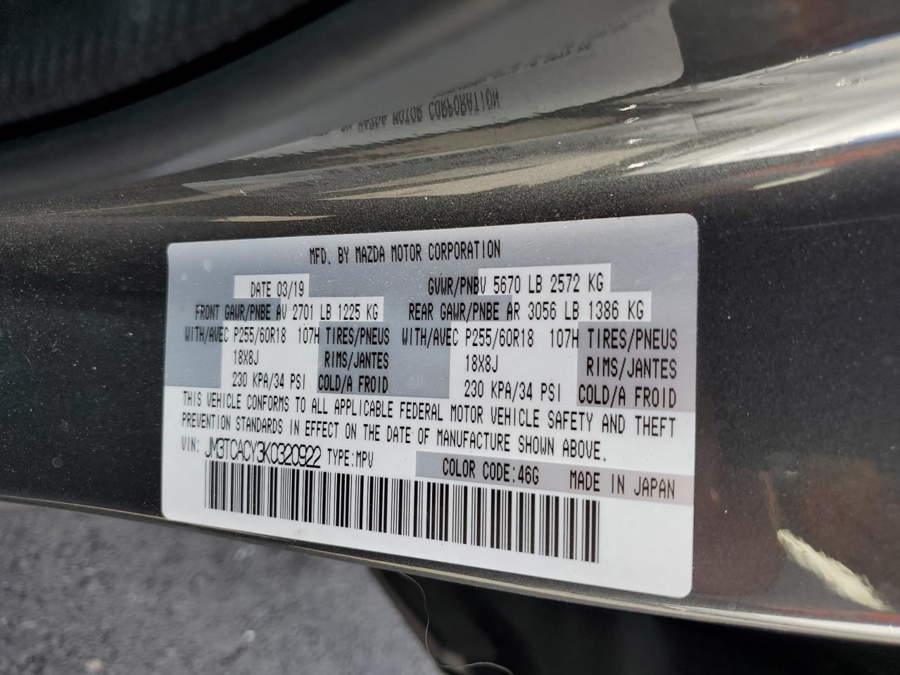 2019 Mazda Cx-9 Touring VIN: JM3TCACY3K0320922 Lot: 87407305