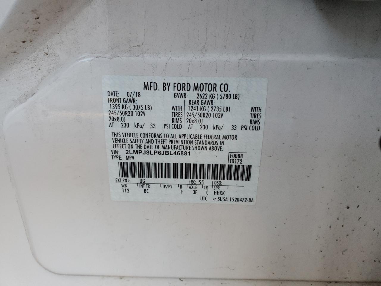 2018 Lincoln Mkx Reserve VIN: 2LMPJ8LP6JBL46881 Lot: 87242095