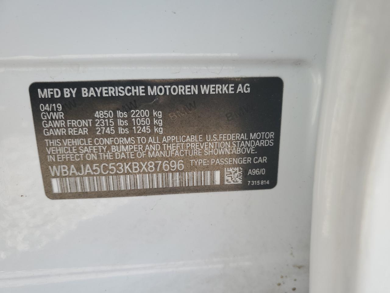 2019 BMW 530 I VIN: WBAJA5C53KBX87696 Lot: 86137055