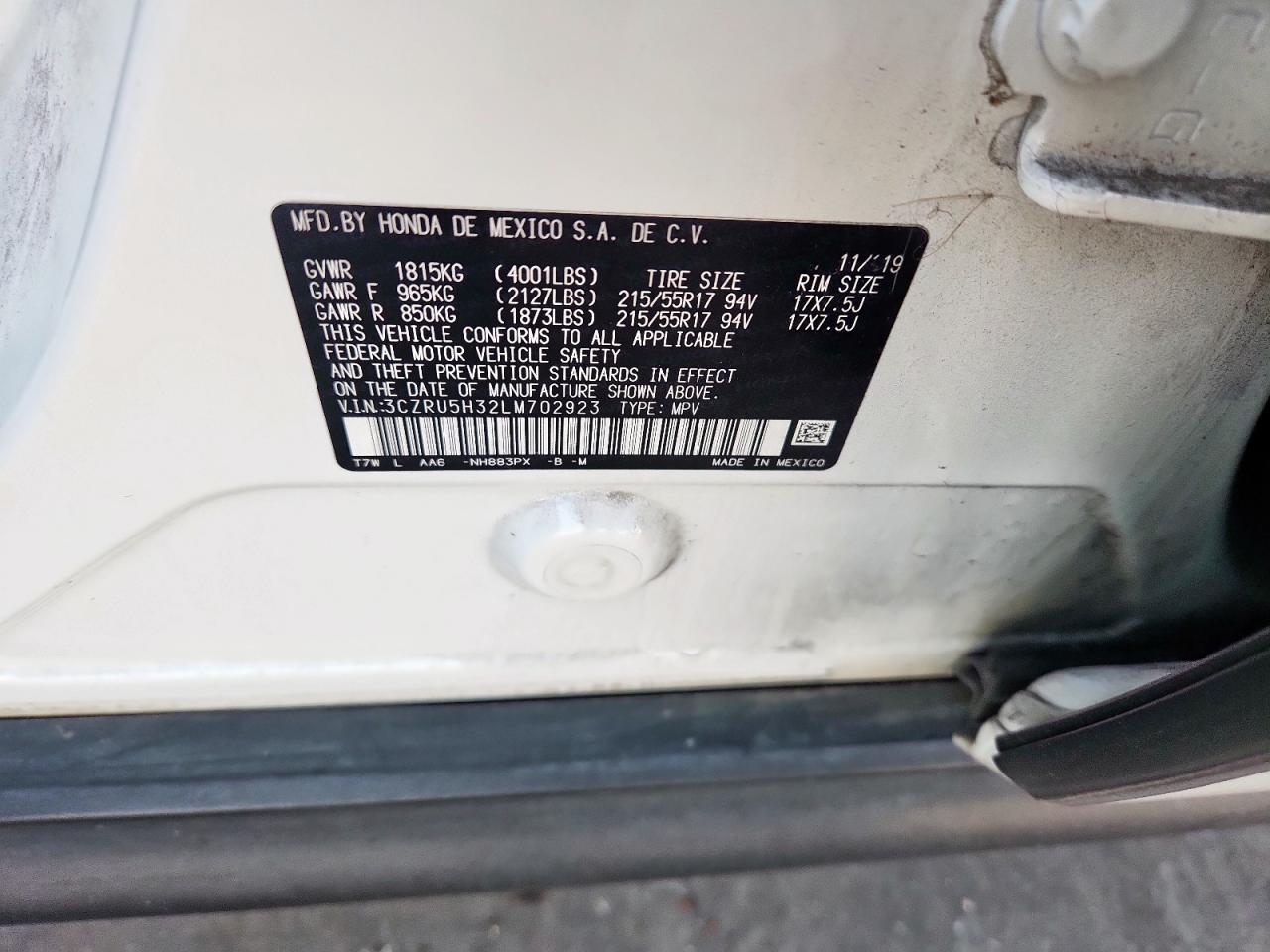 2020 Honda Hr-V Lx VIN: 3CZRU5H32LM702923 Lot: 82381225