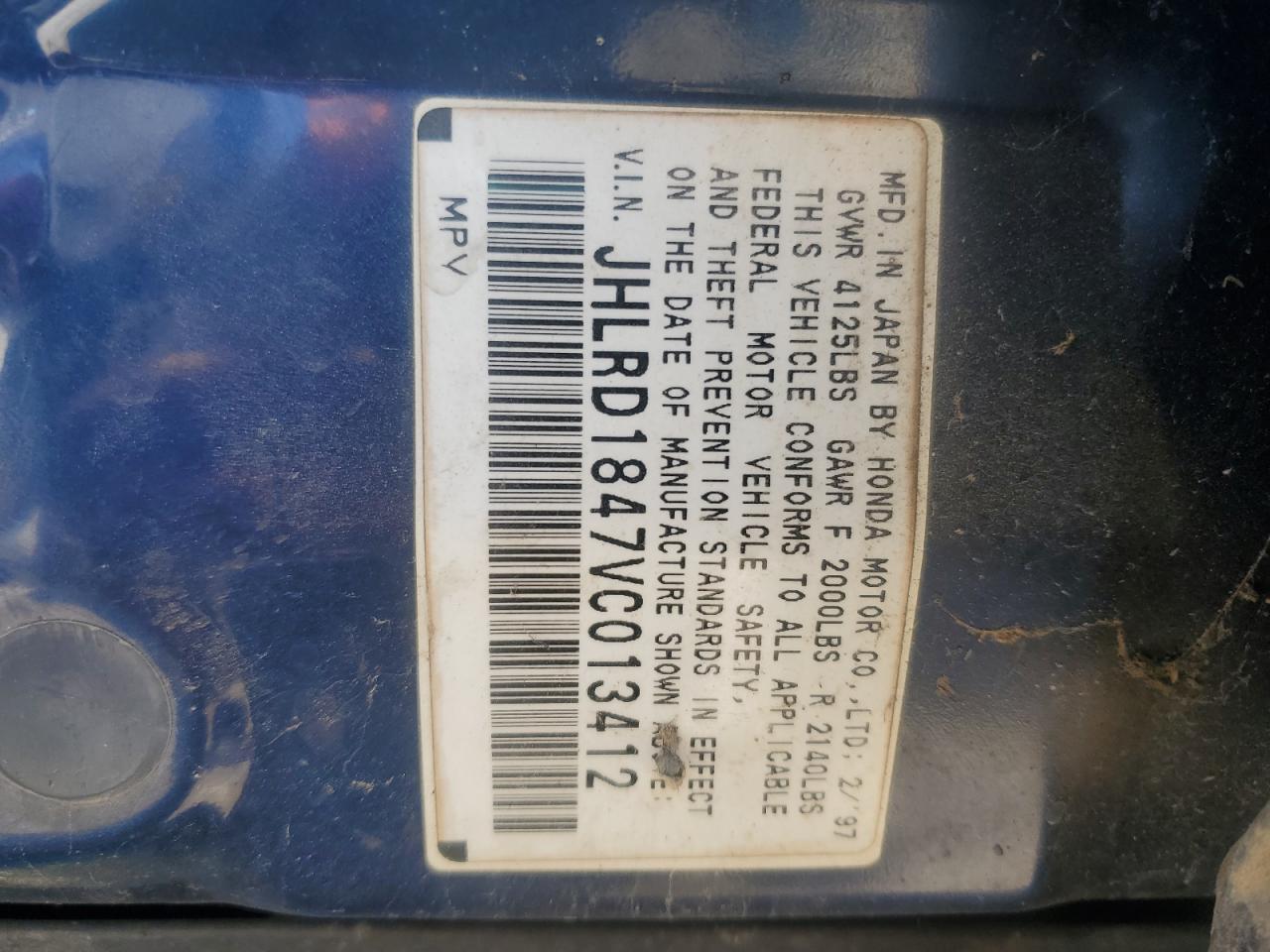 1997 Honda Cr-V Lx VIN: JHLRD1847VC013412 Lot: 90865165