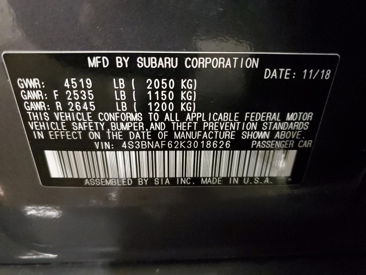 2019 Subaru Legacy 2.5I Premium VIN: 4S3BNAF62K3018626 Lot: 82222995