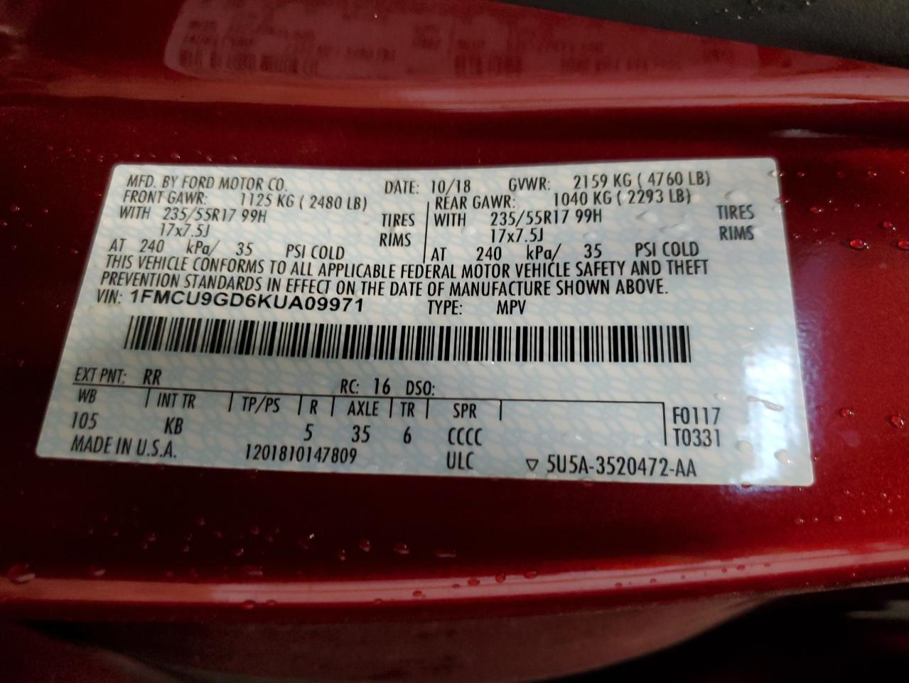 2019 Ford Escape Se VIN: 1FMCU9GD6KUA09971 Lot: 85487505