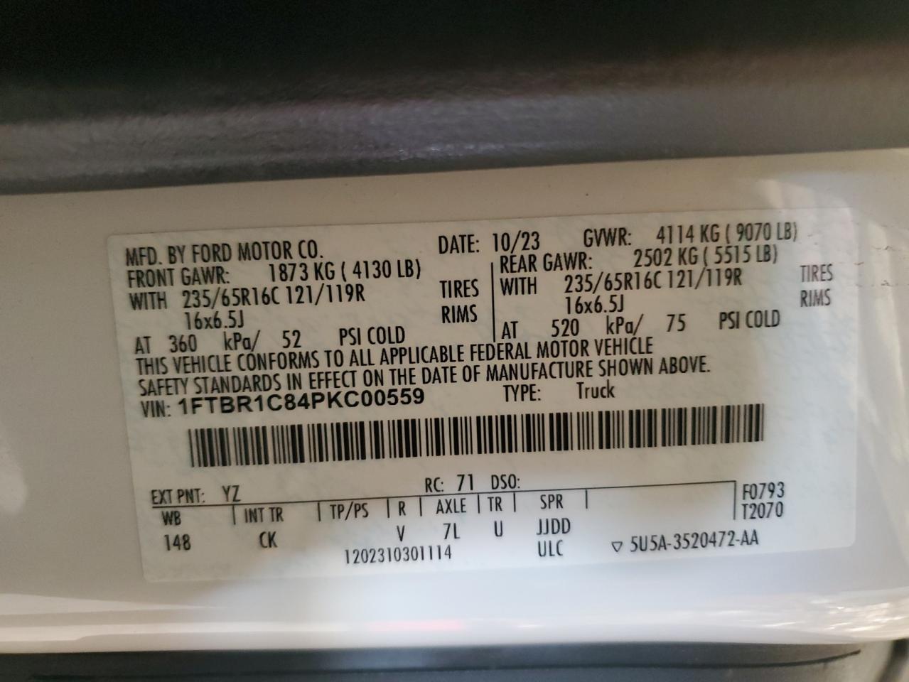 2023 Ford Transit T-250 VIN: 1FTBR1C84PKC00559 Lot: 86190215