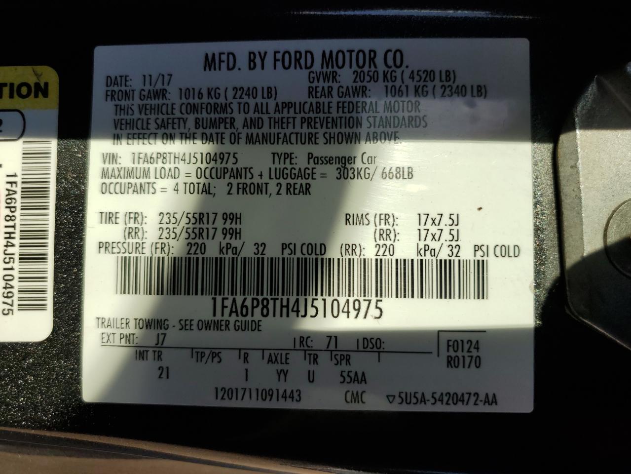 2018 Ford Mustang VIN: 1FA6P8TH4J5104975 Lot: 82040535
