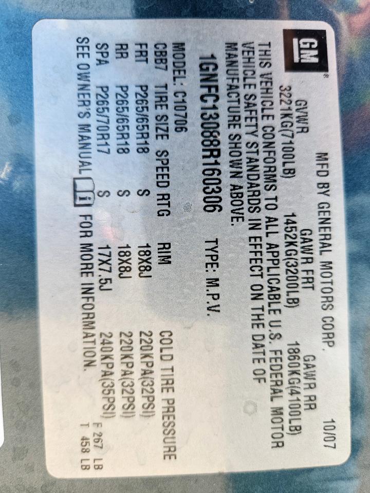 2008 Chevrolet Tahoe C1500 VIN: 1GNFC13088R160306 Lot: 85508205