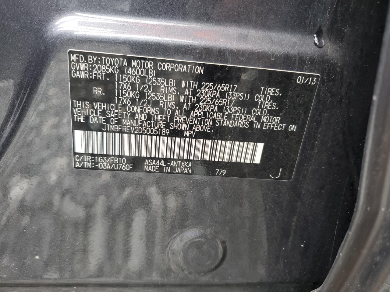 2013 Toyota Rav4 Le VIN: JTMBFREV2D5005189 Lot: 85589515