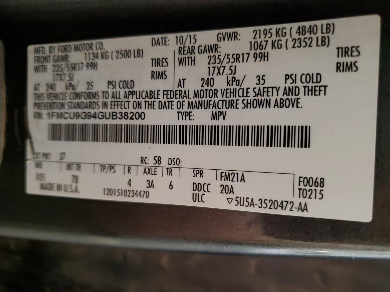 2016 Ford Escape Se VIN: 1FMCU9G94GUB38200 Lot: 90049435