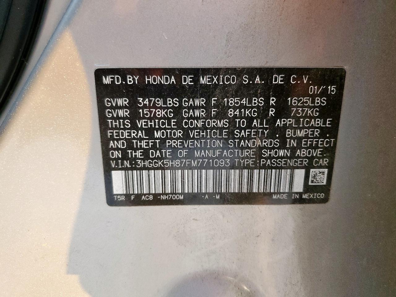 2015 Honda Fit Ex VIN: 3HGGK5H87FM771093 Lot: 86095585