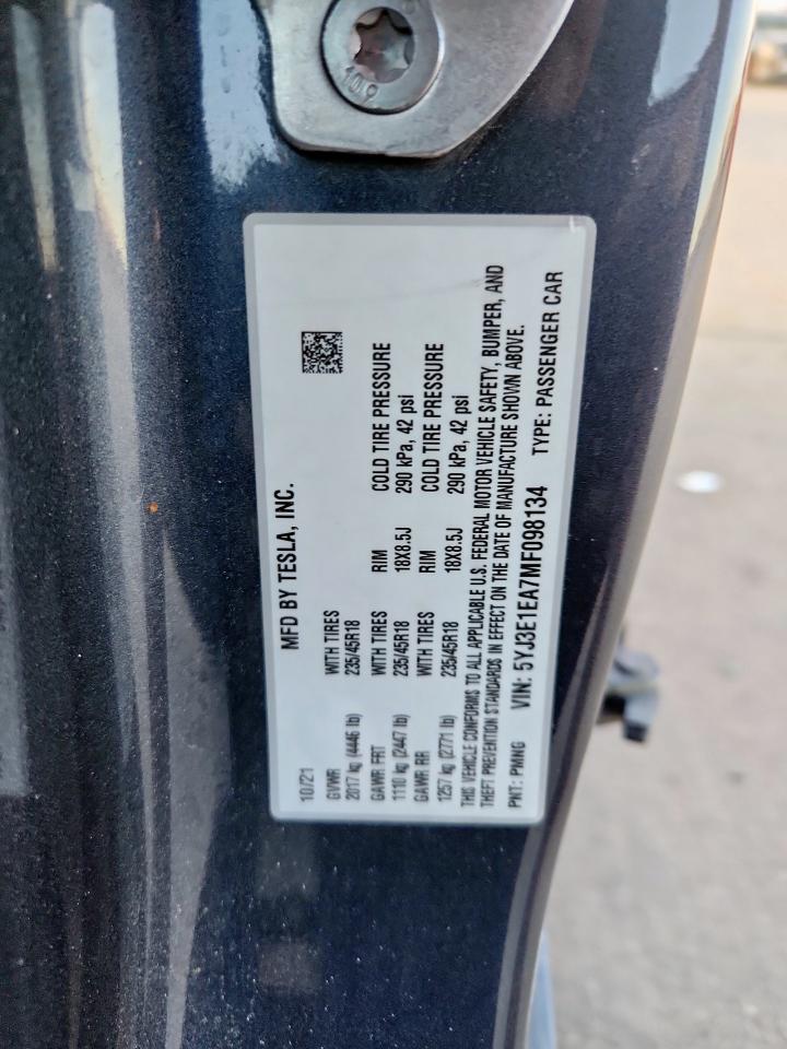 2021 Tesla Model 3 VIN: 5YJ3E1EA7MF098134 Lot: 82237555