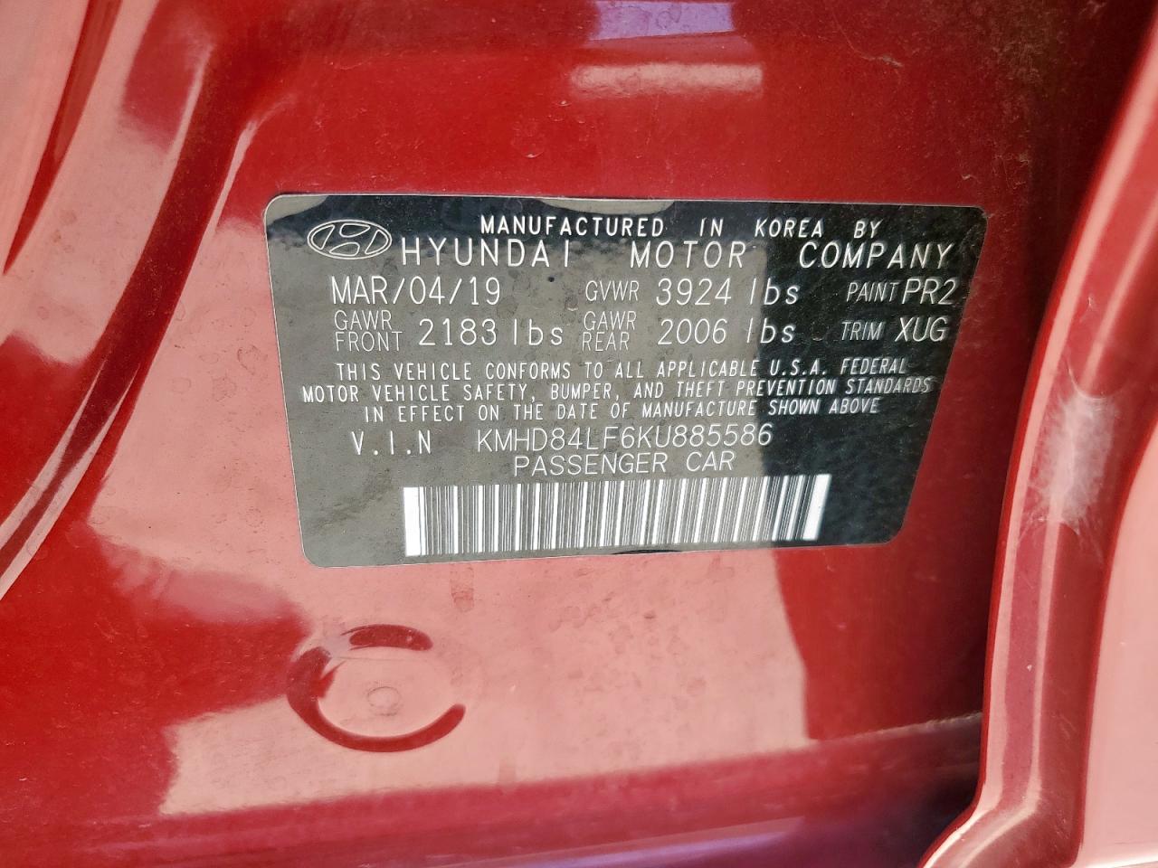 2019 Hyundai Elantra Sel VIN: KMHD84LF6KU885586 Lot: 85340905