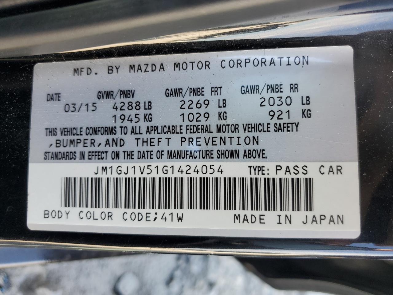 2016 Mazda 6 Touring VIN: JM1GJ1V51G1424054 Lot: 89461075