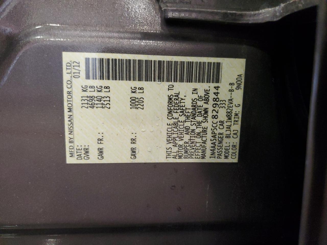 2012 Nissan Maxima S VIN: 1N4AA5AP5CC829844 Lot: 85155295