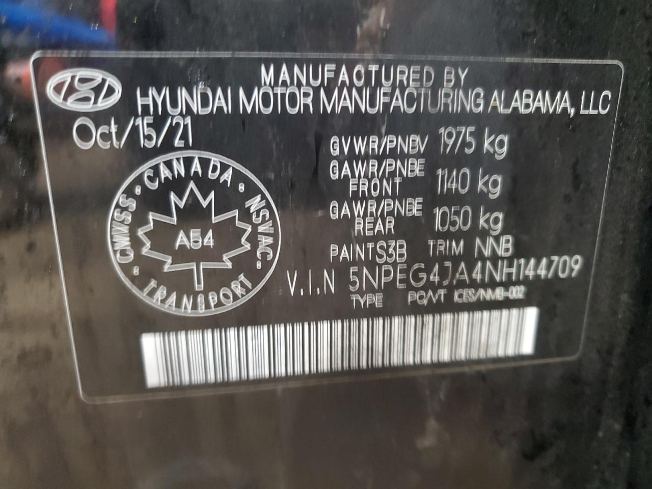 2022 Hyundai Sonata Se VIN: 5NPEG4JA4NH144709 Lot: 90073035