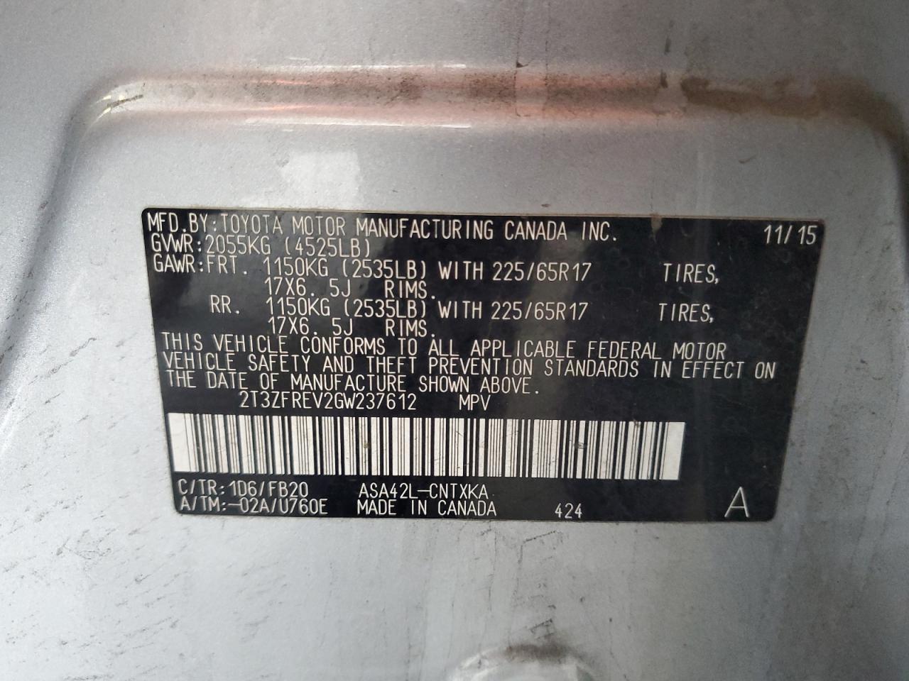 2016 Toyota Rav4 Le VIN: 2T3ZFREV2GW237612 Lot: 86094435