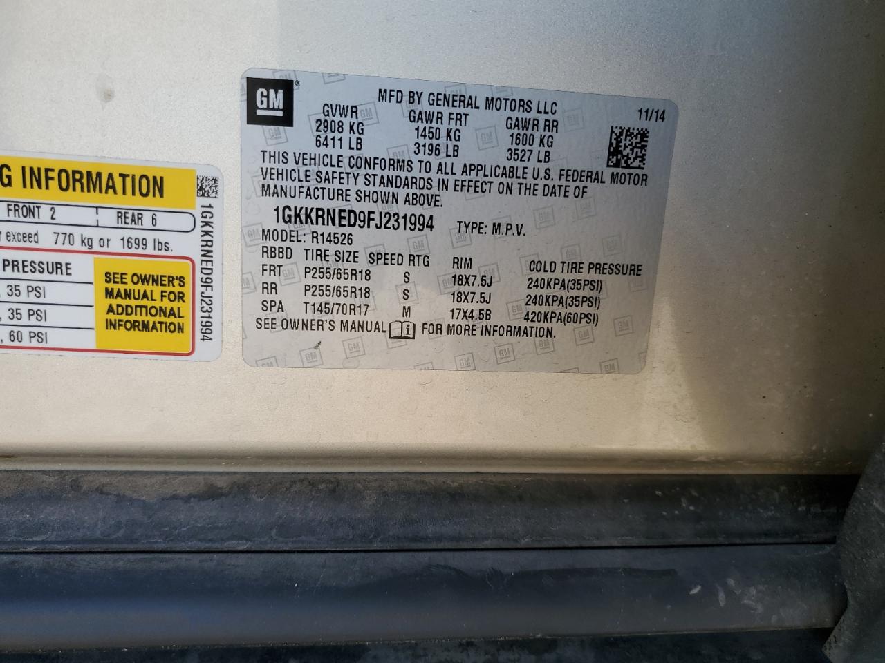 2015 GMC Acadia Sle VIN: 1GKKRNED9FJ231994 Lot: 86689485