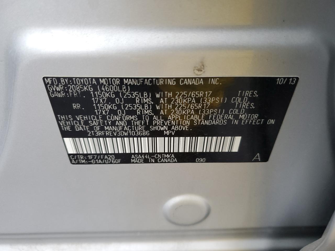 2013 Toyota Rav4 Xle VIN: 2T3RFREV3DW103686 Lot: 85671745