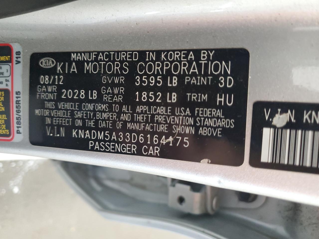 2013 Kia Rio Lx VIN: KNADM5A33D6164175 Lot: 85133475