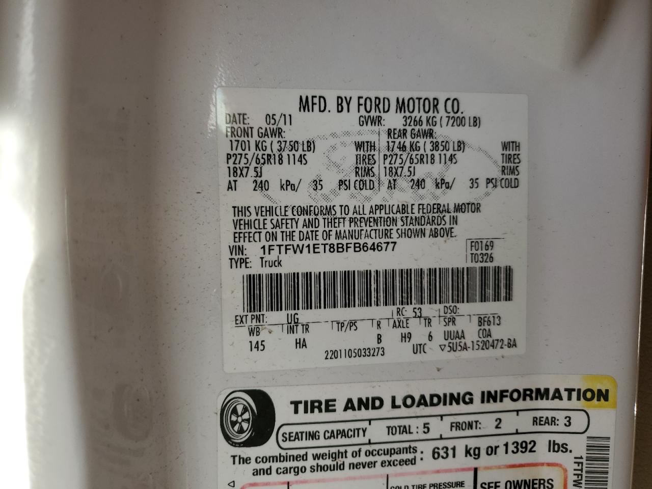 2011 Ford F150 Supercrew VIN: 1FTFW1ET8BFB64677 Lot: 85766005