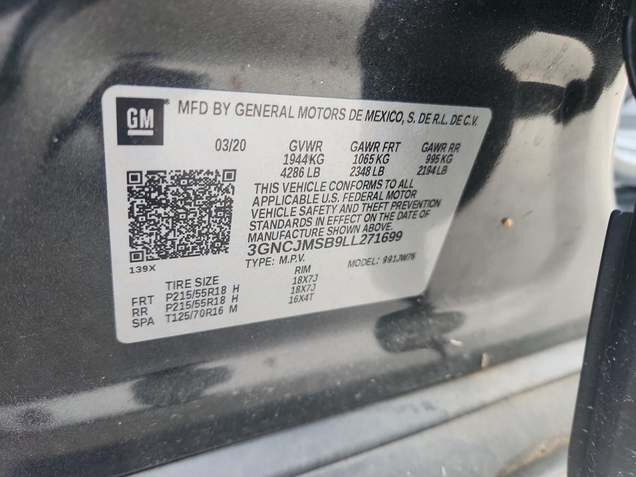 2020 Chevrolet Trax Premier VIN: 3GNCJMSB9LL271699 Lot: 87312965