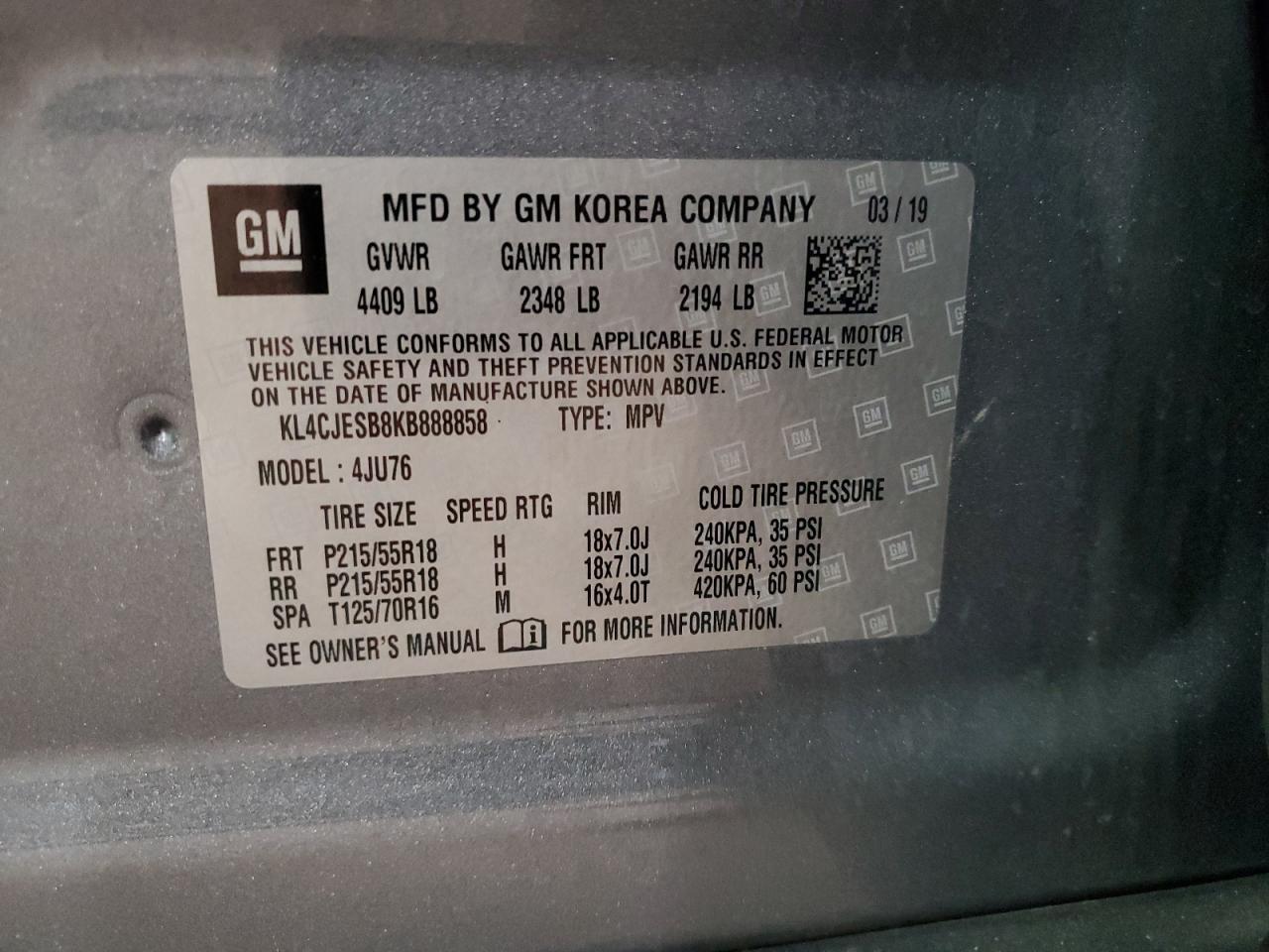 2019 Buick Encore Preferred VIN: KL4CJESB8KB888858 Lot: 85355455