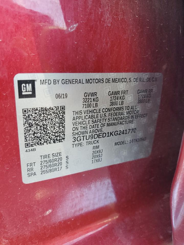 2019 GMC Sierra K1500 Slt VIN: 3GTU9DED1KG241770 Lot: 82009545