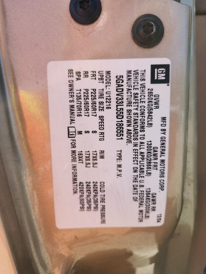 2005 Buick Terraza Cxl VIN: 5GADV33L55D186551 Lot: 85367125