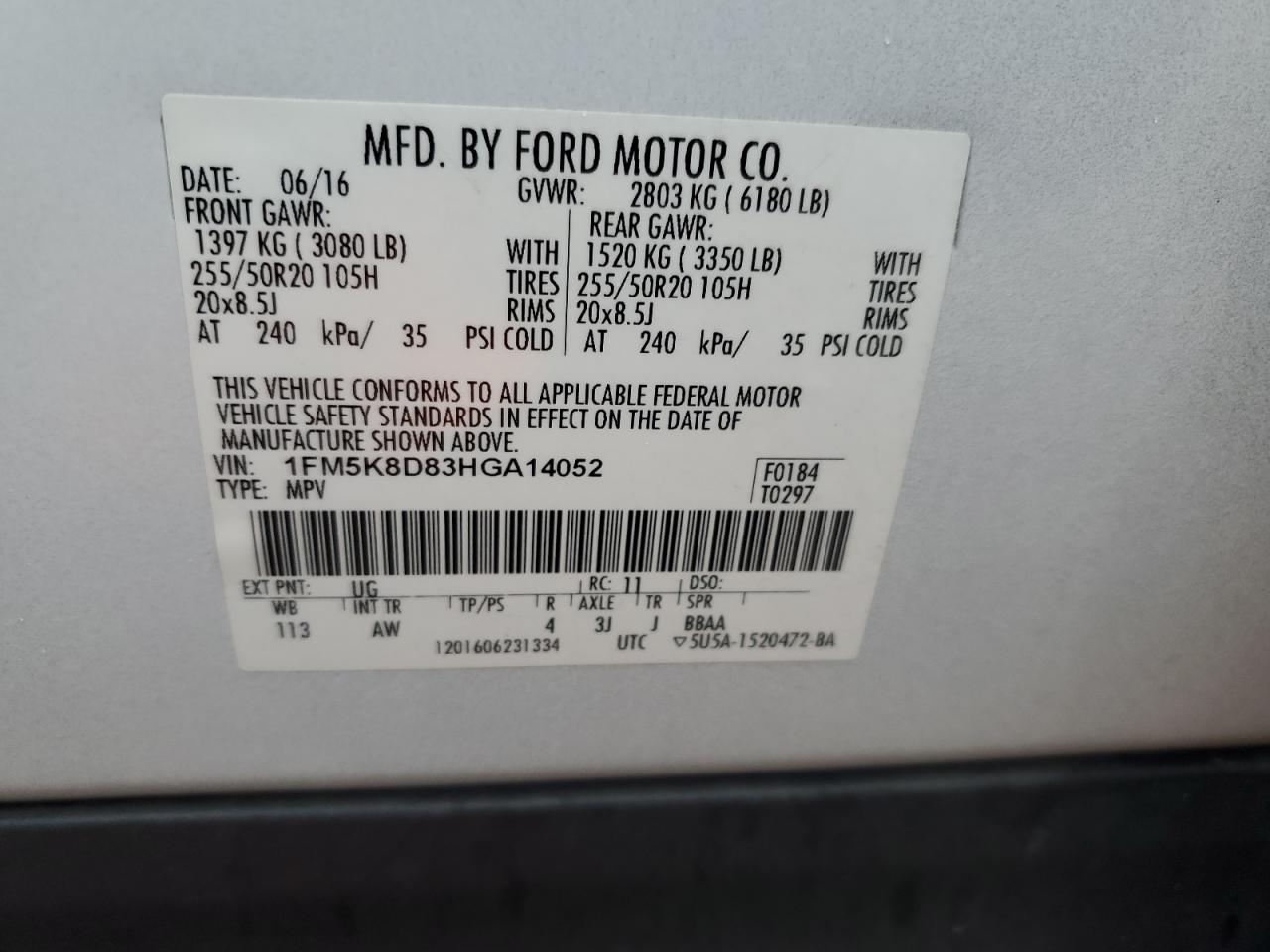 2017 Ford Explorer Xlt VIN: 1FM5K8D83HGA14052 Lot: 86064705